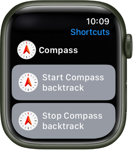 Apple Watch 上的“快捷指令” App，显示了两个“指南针”快捷指令：“开始指南针回溯”和“停止指南针回溯”。