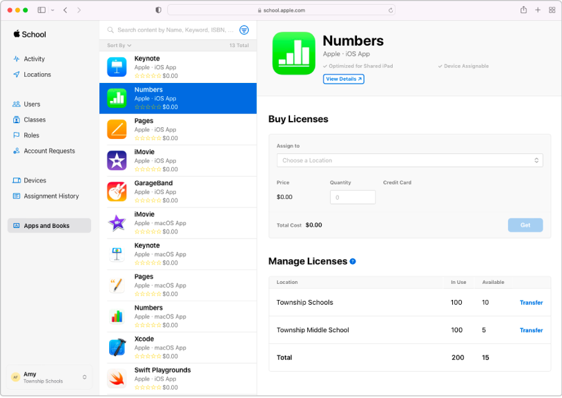 The Apple&nbsp;School&nbsp;Manager window showing apps and books selected in the sidebar under Content. The pane selected is for buying and managing licences for the Numbers app.