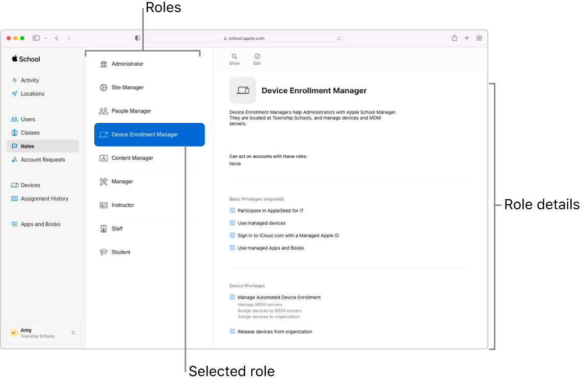 The Roles window in Apple School Manager. A selected role opens to a description of that role’s privileges for the user that’s signed in.