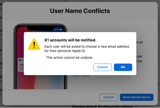 En el cuadro de diálogo “Conflictos de nombre de usuario”, se notifica a los usuarios que su Apple ID personal se encuentra en conflicto con el dominio de la organización.