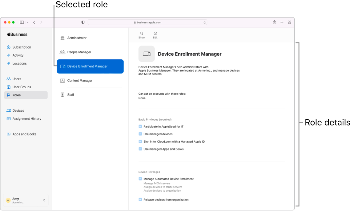The Roles window in Apple Business Manager. A selected role opens to a description of that role’s privileges for the user that’s signed in.