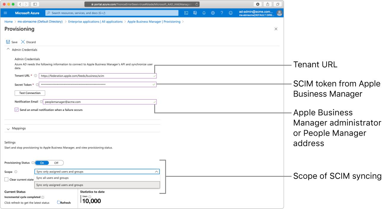 Microsoft Azure AD window showing the two provisioning scope options.