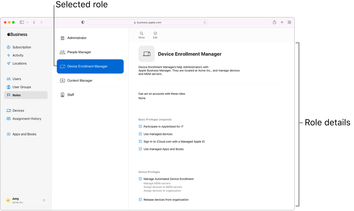 The Roles window in Apple Business Manager. A selected role opens to a description of that role’s privileges for the user that’s signed in.