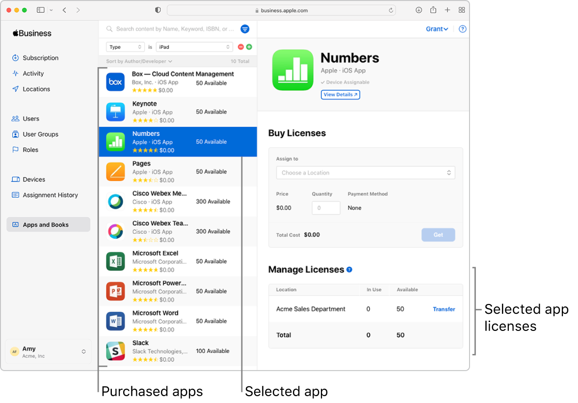 Apple Business Manager-vinduet med Apper og bøker valgt på sidepanelet og en app valgt ved siden av det.
