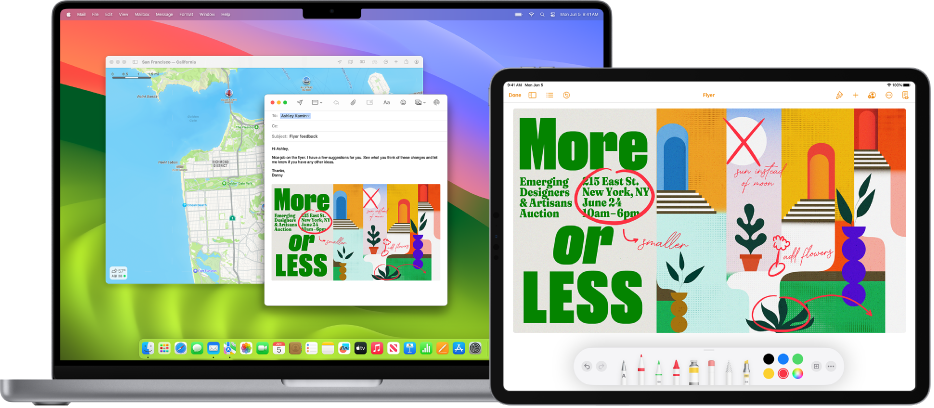 Ein MacBook Pro mit einem geöffneten Mail-Fenster, in dem eine Zeichnung zu sehen ist, die mit einem Trackpad oder einer Maus, das beziehungsweise die mit dem Mac verbunden ist, von einem iPad darauf bewegt wurde