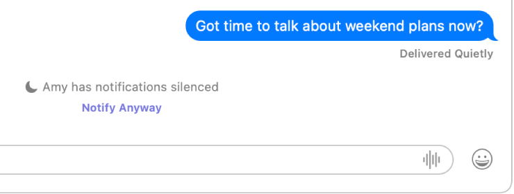 A Messages conversation. Messages indicates that a sent message was delivered quietly because the recipient has notifications silenced. Below is a “Notify Anyway” link the sender can click to send the message.