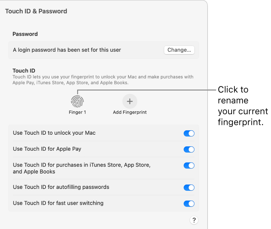 Touch ID & Password settings, showing a fingerprint is ready and can be used to unlock the Mac.