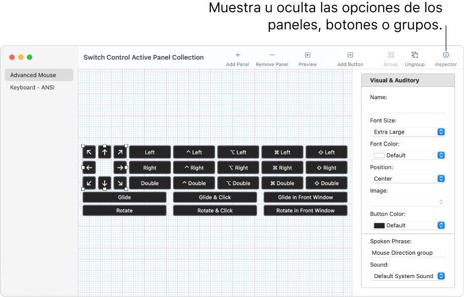 Una ventana de colecciones de paneles que muestra el botón Inspector en la parte derecha de la barra de herramientas para configurar opciones para los paneles, botones y grupos.