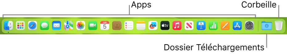 Le Dock affichant les icônes d’apps, la pile Téléchargements et la corbeille.