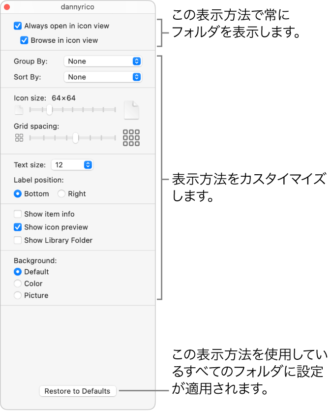 フォルダのアイコン表示のオプション。