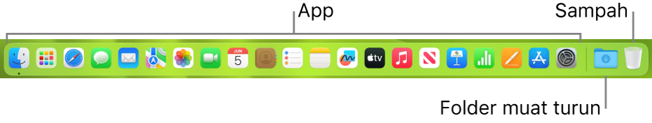 Dock menunjukkan ikon untuk app, tindanan Muat Turun dan Sampah.