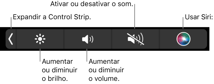 A Control Strip comprimida inclui botões, da esquerda para a direita, para expandir a Control Strip, aumentar ou diminuir o brilho do monitor e o volume, desligar ou ligar o som e usar Siri.