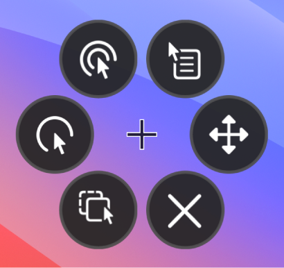 The circular Options menu, whose buttons include, from the top right and moving clockwise, Right Click, Scroll Menu, Close, Drag and Drop, Left Click and Double Click.