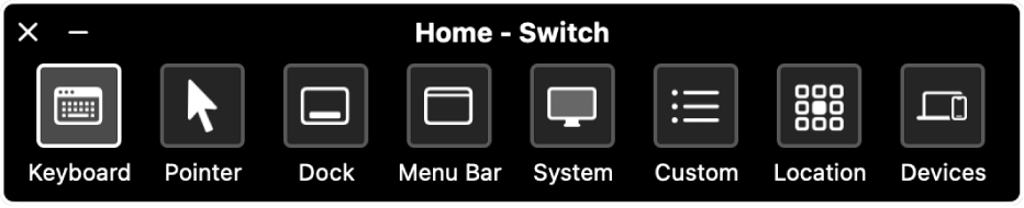 El panel de inicio de “Control por botón” incluye botones para controlar (de izquierda a derecha) el teclado, el puntero, el Dock, la barra de menús, los controles del sistema, los paneles personalizados, la ubicación de la pantalla y otros dispositivos.
