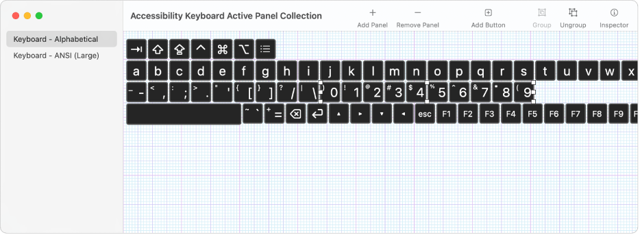 पैनल संग्रह विंडो दिखाई दे रही है, बाईं ओर कीबोर्ड पैनल की एक सूची प्रदर्शित करती है और दाईं ओर एक पैनल में बटन तथा समूह मौजूद होते हैं।
