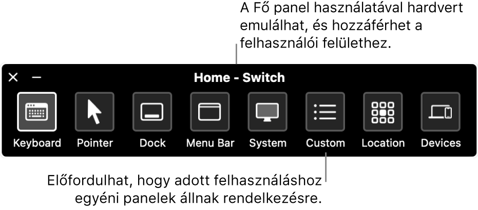 A Kapcsolóvezérlés Főoldal panelén az alábbi gombok találhatók balról jobbra: billentyűzet, mutató, Dock, menüsor, rendszervezérlők, egyéni panelek, képernyő elhelyezkedés és egyéb eszközök.