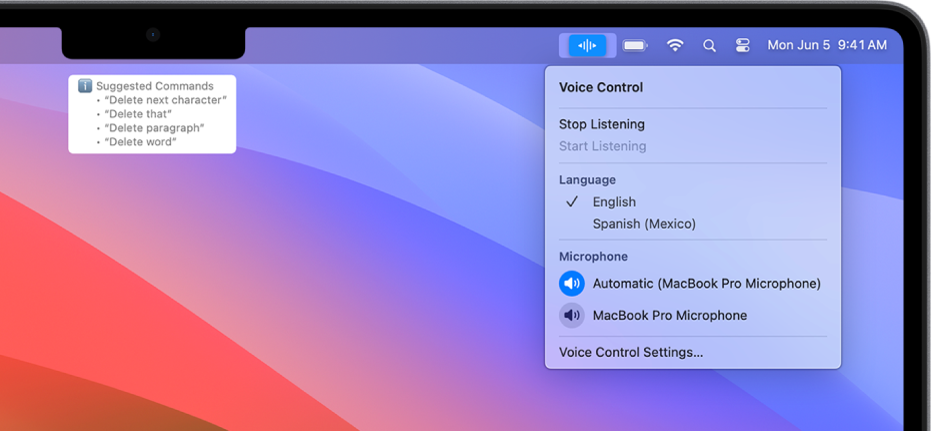 La finestra di feedback di “Controllo vocale” con i comandi di testo suggeriti, come “Elimina elemento” o “Fai clic su Elimina”, mostrati sopra.
