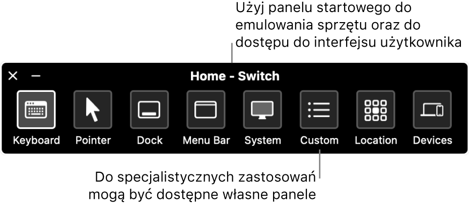 Panel Początek - przełącz. Zawiera następujące przyciski sterujące, od lewej do prawej: Klawiatura, Wskaźnik, Dock, Pasek menu, System, Własne, Miejsce oraz Urządzenia.