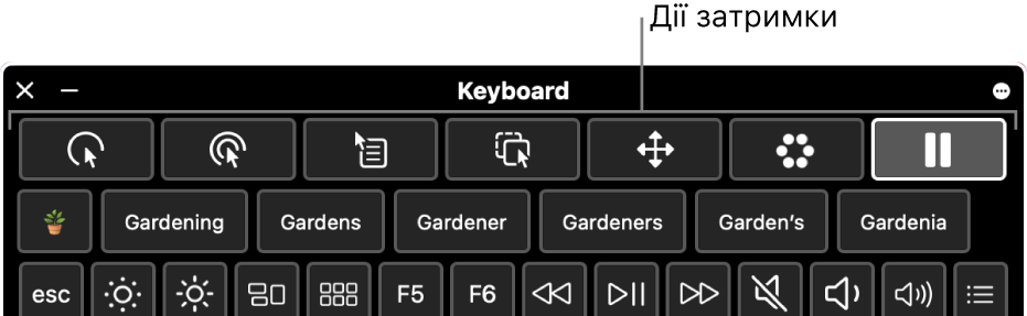 Кнопки дій затримки розташовані вгорі клавіатури доступності.