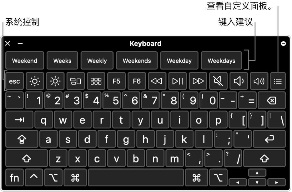 顶部包含键入建议的“辅助功能键盘”。下方是一行系统控制按钮，可执行诸如调整显示屏亮度和显示自定义面板等操作。