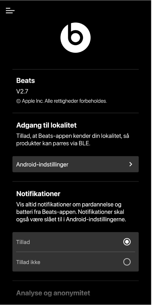 Skæm med indstillinger i Beats-appen