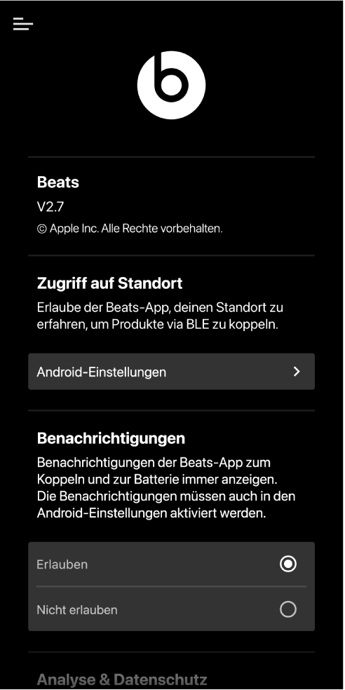 Der Bildschirm „Einstellungen“ der Beats-App