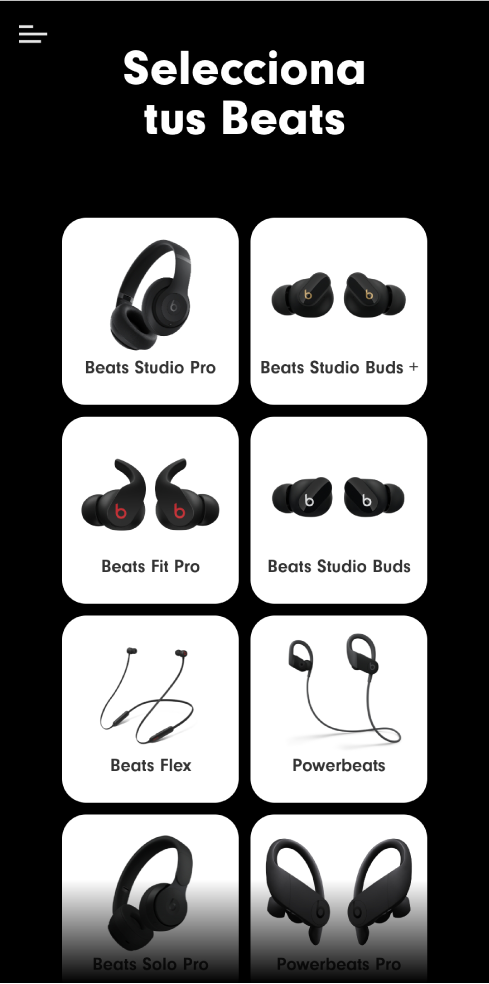 Pantalla “Selecciona tus Beats” mostrando dispositivos compatibles