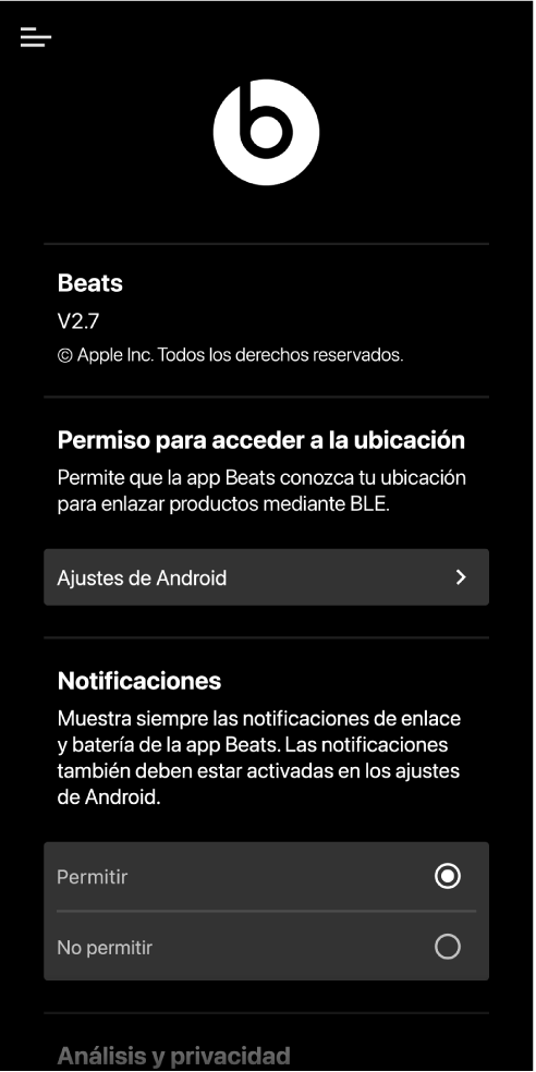 Pantalla de ajustes de la app Beats