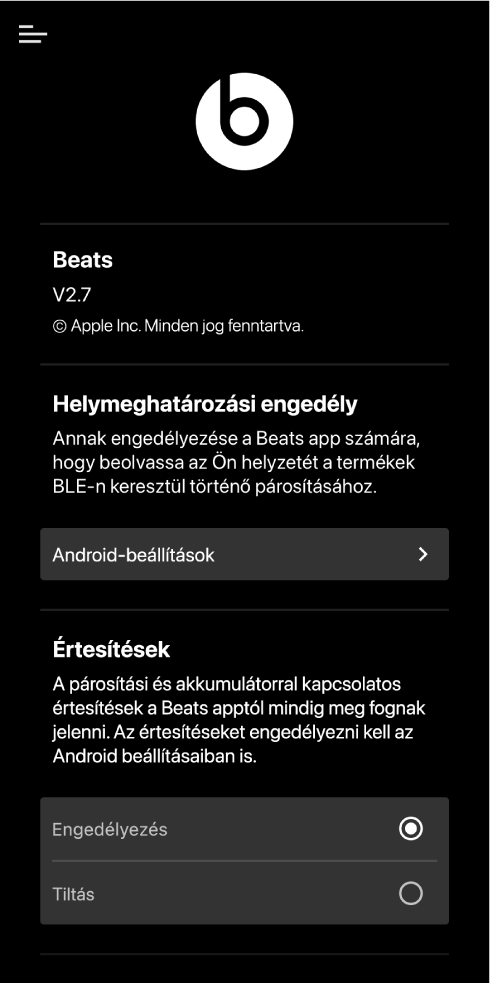 A Beats app beállításképernyője