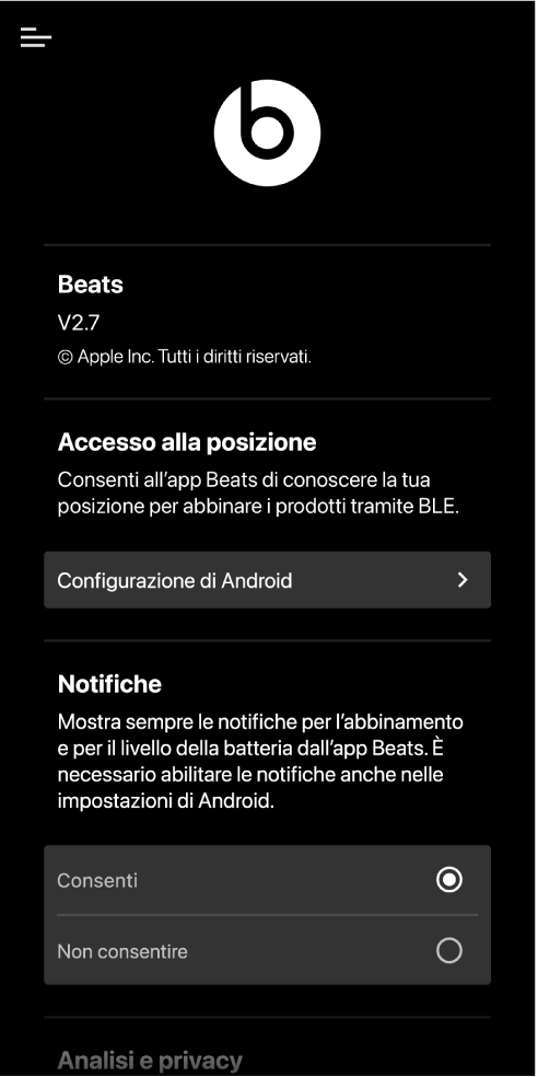 Schermata delle impostazioni dell'app Beats