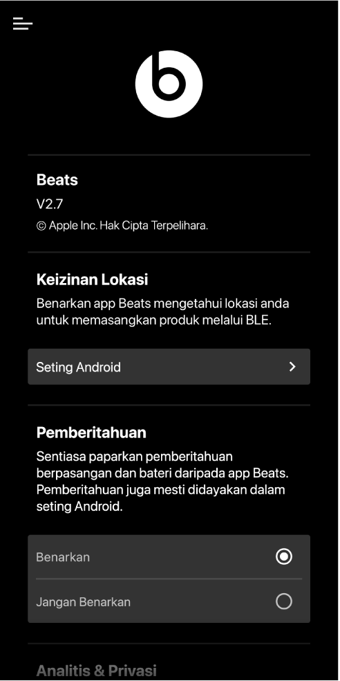 Skrin seting app Beats