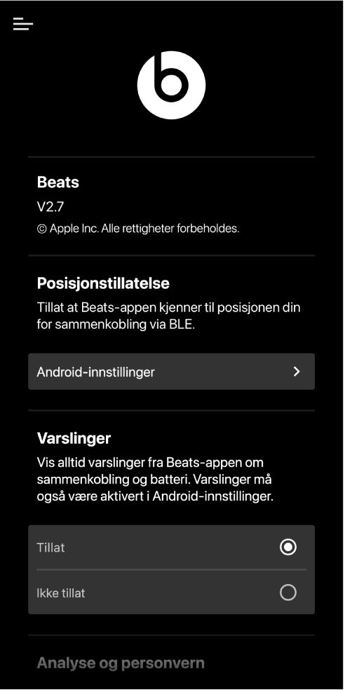 Innstillinger-skjermen i Beats-appen