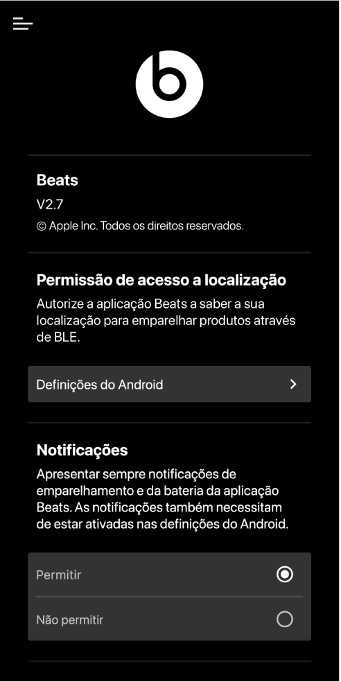 Ecrã de definições da aplicação Beats