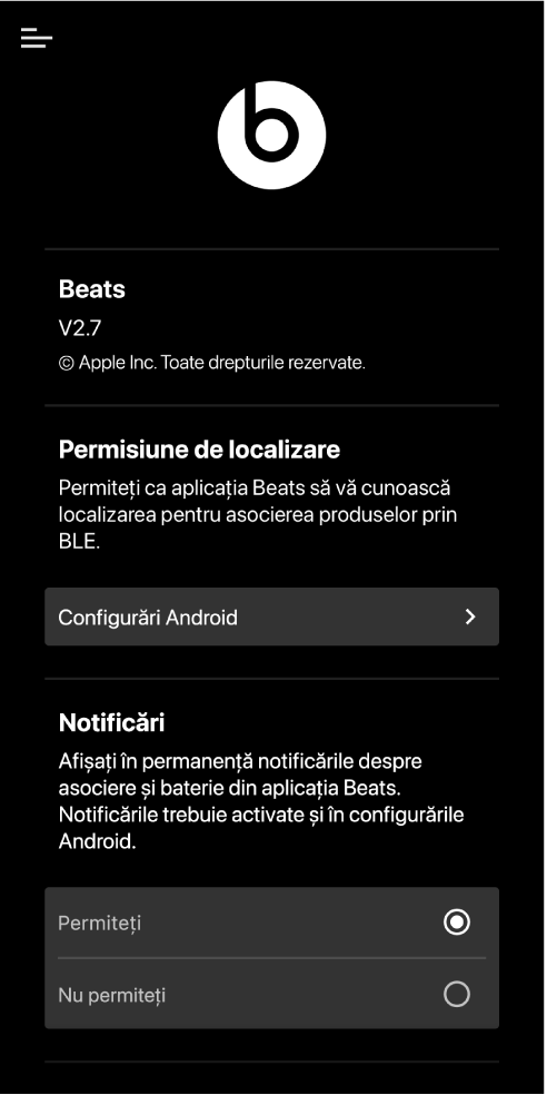 Ecranul pentru configurări al aplicației Beats