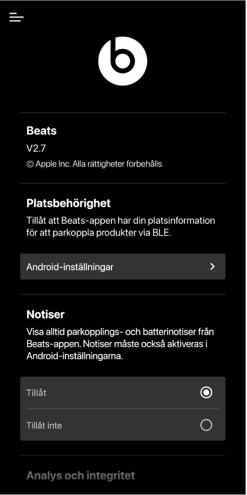 Inställningsskärmen för Beats-appen