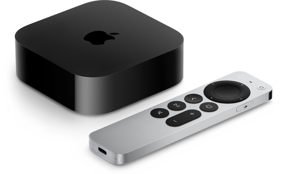 Une Apple TV et une télécommande Siri Remote sont affichées
