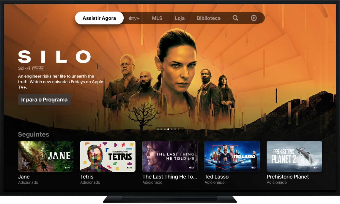 O app Apple TV mostrado na TV