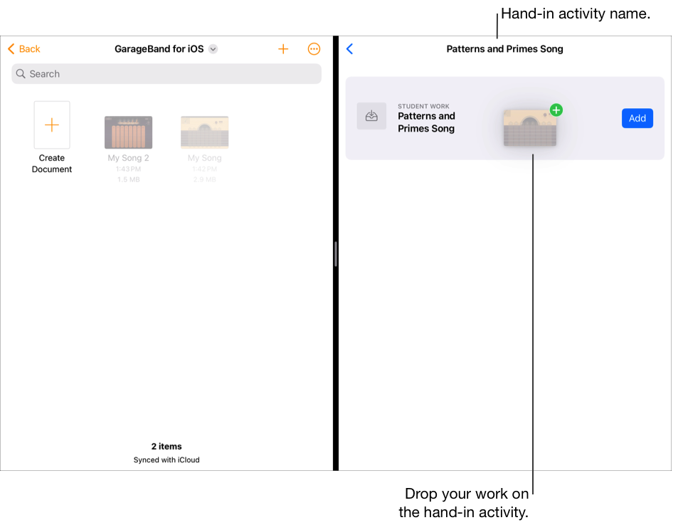Split View showing the Files app on the left with two documents and Classwork on the right with the Patterns and Primes Song activity open.