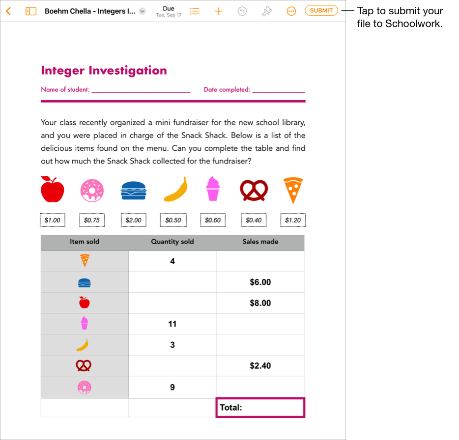 Een voorbeeld van een samenwerkbestand van een leerling. Als het document klaar is om naar Schoolwerk te worden verzonden, tikt de leerling op 'Lever in' rechtsboven in het venster van de iWork Pages-app.