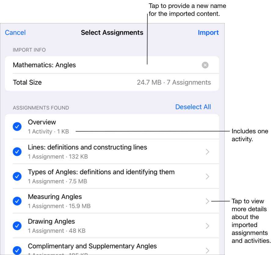 The Select Assignments pop-up pane showing the imported content, size and assignments. Tap to provide a new name for the imported content. You can see how many activities are included in an assignment, and tap to view more details about imported assignments and activities.