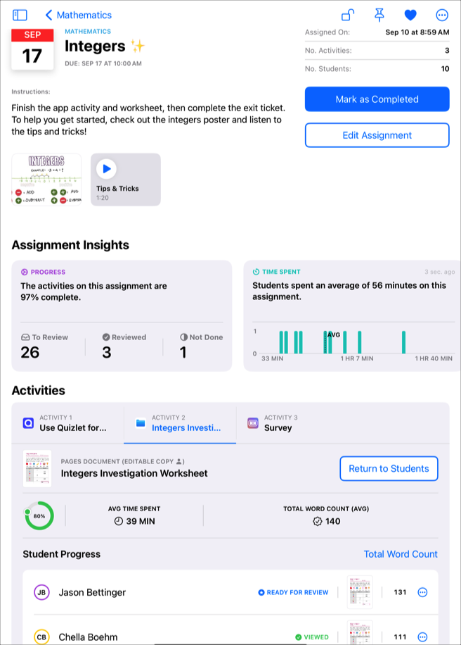A sample assignment details view showing detailed progress data for the selected activity. Use time spent insights to see how much time your students are spending on the activity.