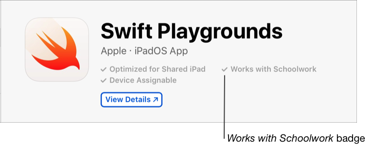 Esimerkissä on Swift Playgrounds -tietosivu, jolla näkyy Koulutyöt-yhteensopiva-merkki.