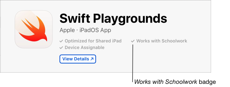 Primjer strance s informacijama o aplikaciji Swift Playgrounds s prikazanom značkom Radi sa Školom.