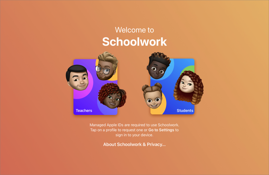 La schermata iniziale di Schoolwork con le opzioni di accesso per insegnanti e studenti.