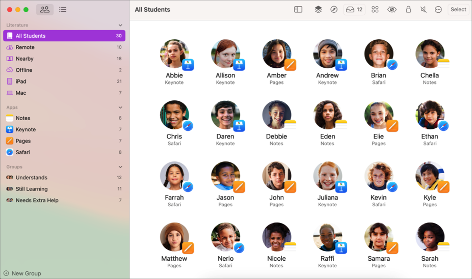 De Klaslokaal-app met de weergave Alle leerlingen.