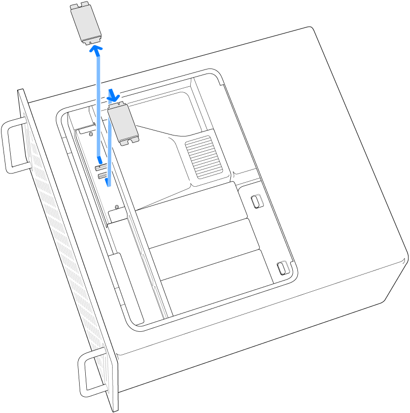 كمبيوتر Mac Pro موضوع على جانبه، مع عرض لوحدتي SSD النمطيتين أثناء إزالتهما.
