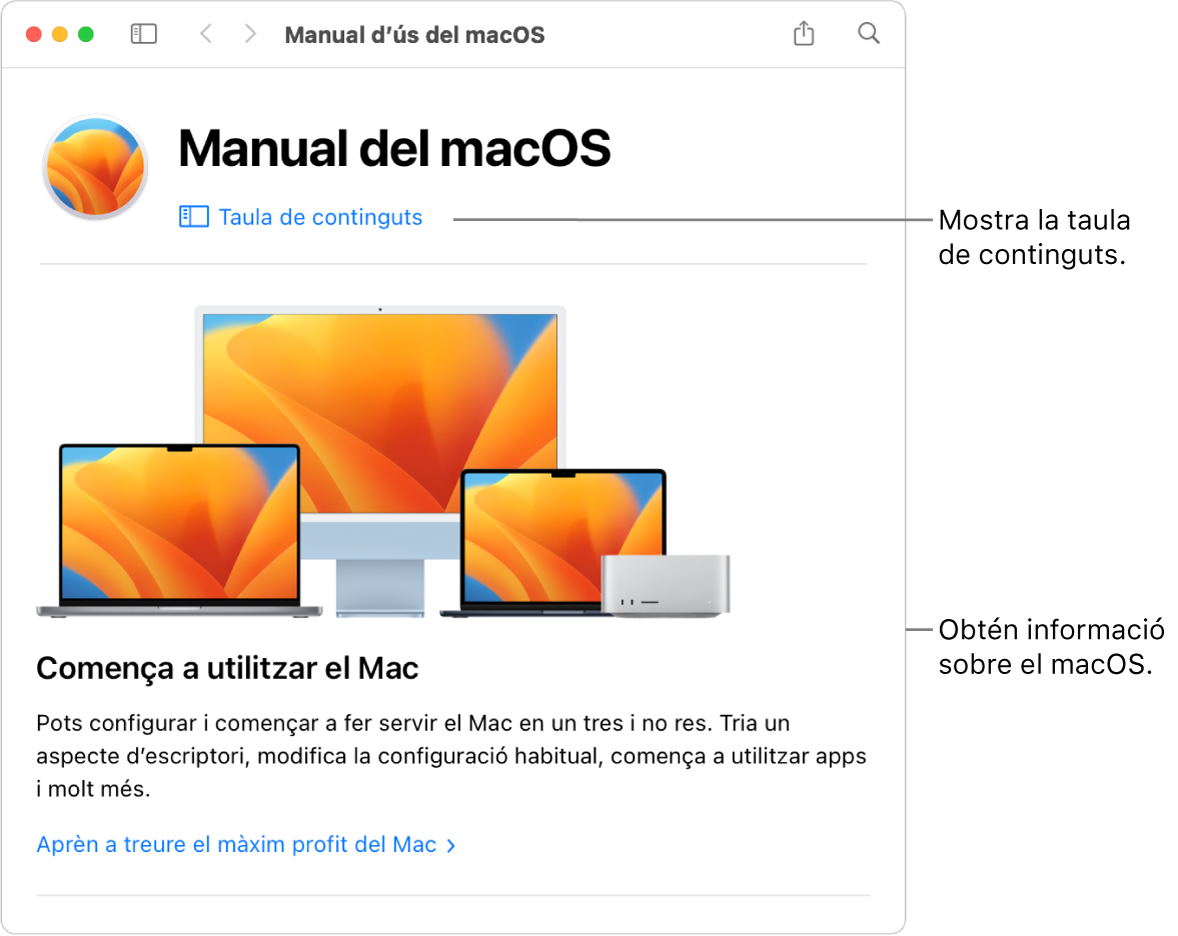 La pàgina de benvinguda del manual d’ús del macOS amb l’enllaç de la taula de continguts.