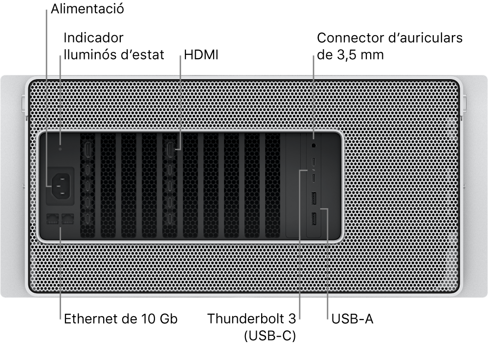 Vista posterior d’un Mac Pro en què es veuen el port d’alimentació, un indicador lluminós d’estat, dos ports HDMI, un connector d’auriculars de 3,5 mm, dos ports 10 Gigabit Ethernet, dos ports Thunderbolt 3 (USB‑C) i dos ports USB‑A.