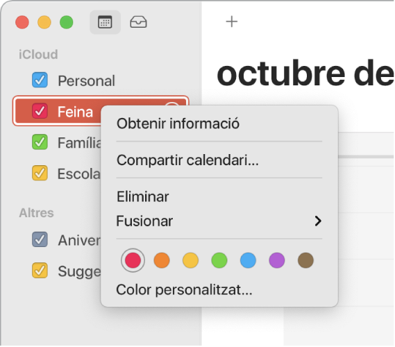 Menú de dreceres de l’app Calendari amb les opcions per personalitzar el color d’un calendari.