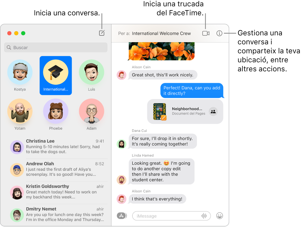 Una finestra de l’app Missatges mostrant com començar una conversa i com fer una trucada del FaceTime.